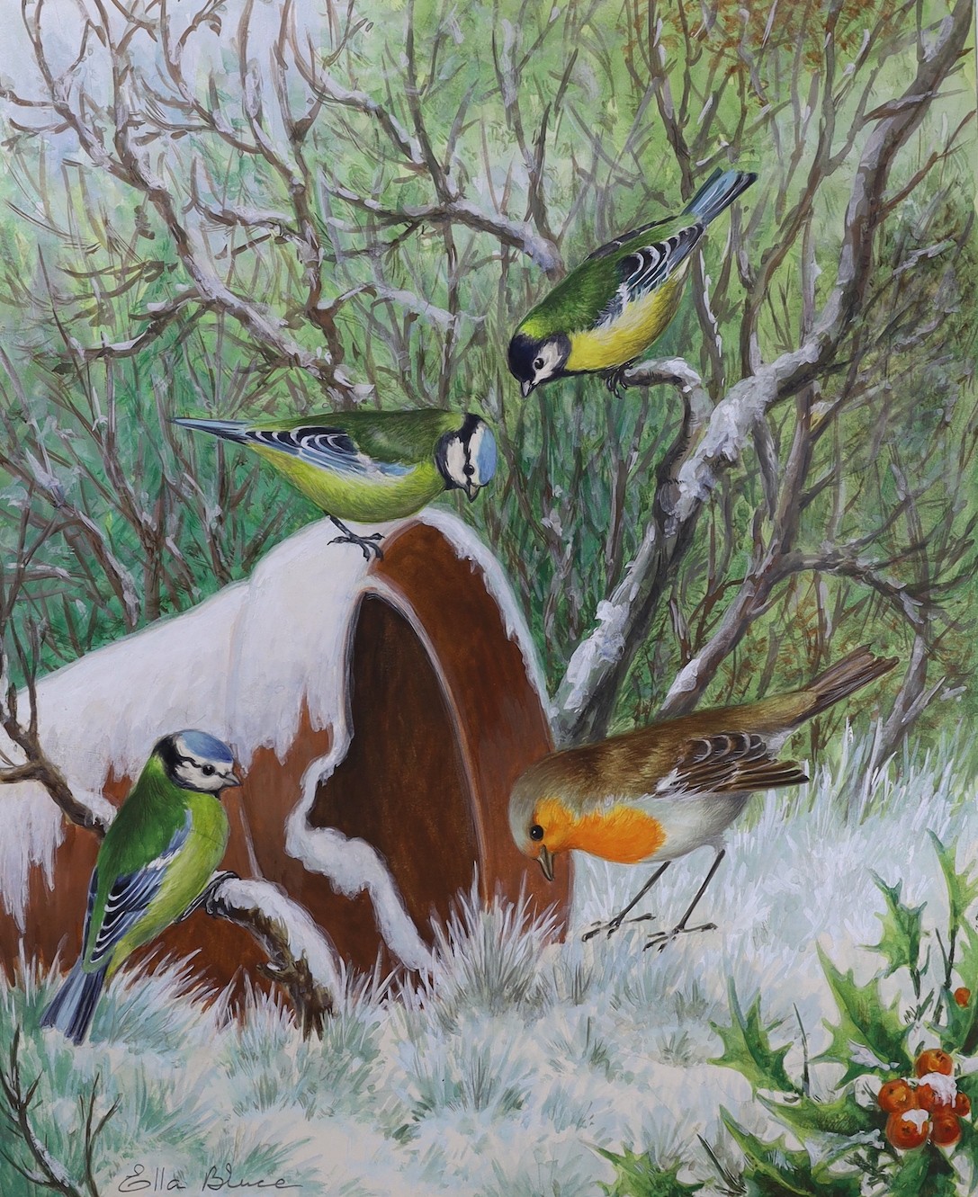 Ella Bruce, (20th century British), four watercolours on card, garden birds, signed, unframed, 23 x 18cm
